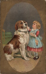 Girl in Blue Apron Petting Dog Postcard