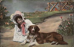 Girl in Bonnet with Brown and White Dog Saint Bernards Postcard Postcard