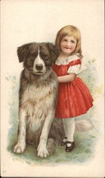 Girl in Red Dress with Dog Postcard