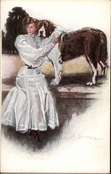 Young Woman with St. Bernard Postcard