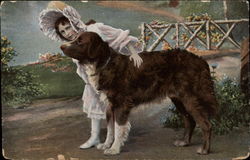 Girl with Brown Dog by a Bridge Saint Bernards Postcard Postcard