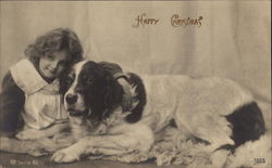 Happy Christmas - Girl and St.Bernard Dog Saint Bernards Postcard Postcard