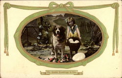 Easter - Young Girl with St. Bernard and Barrow of Eggs Postcard