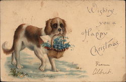 Wishing You A Happy Christmas - Dog Carrying Basket of Flowers Postcard