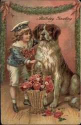 Birthday Greeting - Boy with Dog and Basket of Roses Postcard