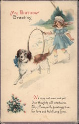 Little Girl with Hoop Plays with Her Dog Saint Bernards Postcard Postcard