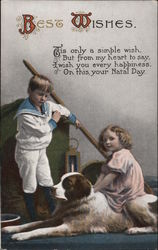 Boy and Girl Pose by Their St. Bernard Dog Postcard