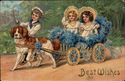 Best Wishes - Children in Dog Cart with Flowers Saint Bernards Postcard Postcard