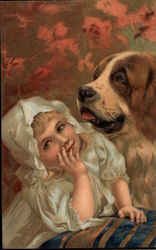 Little Girl with Dog Saint Bernards Postcard Postcard