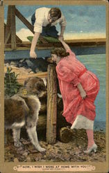 Now, I Wish I Was At Home With You ! Couple at beach with dog Postcard