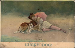 Woman in Undergarments with a Parasol Cuddling Dog Saint Bernards Postcard Postcard