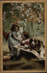 Boy and Girl Reading with Dog Saint Bernards Postcard Postcard