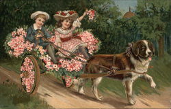 Children in Flowery Dog-Carriage Saint Bernards Postcard Postcard