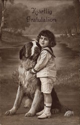 Young Boy with St. Bernard Saint Bernards Postcard Postcard