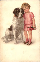 Young Girl in Pink Dress with Dog Saint Bernards Postcard Postcard