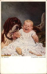 Crying baby and St. Bernard Postcard