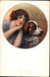 Young Woman with a St. Bernard Postcard