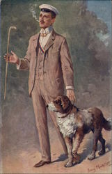 Man in Suit with Cane and Dog Saint Bernards Postcard Postcard