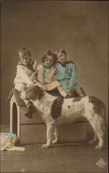 Three Children Sitting on a Doghouse, Petting a Dog Saint Bernards Postcard Postcard