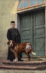 Man in Black Priest's Clothes with St. Bernard Postcard