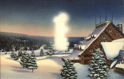 Winter Scene in Yellowstone Park Showing Old Faithful Geyser and Old Faithful Inn Yellowstone National Park Postcard Postcard