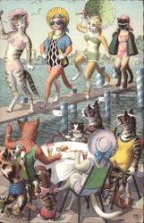 Cats at the Seashore Relax and Watch Bathing Beauties Postcard Postcard