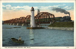 The International Bridge, with Lighthouse Tender in Foreground Soo, MI Postcard Postcard