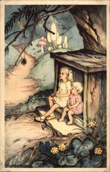 Two girls in treehouse watching a spider Fantasy Postcard Postcard