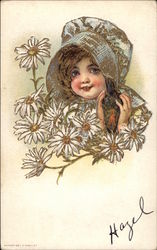 Girl in bonnet with white flowers Children Postcard Postcard