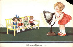 Girl Shining Light on Dolls on Bench Postcard