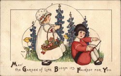 Girl Picks Flowers and Boy Reads Book Children Postcard Postcard