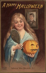 Woman With Mirror and Jack O'Lantern Postcard