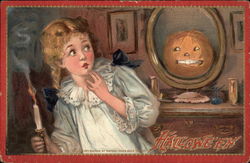 Girl with candle, punpkin in mirror Postcard