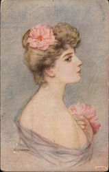 Woman With Pink Peonies in her Hair Postcard