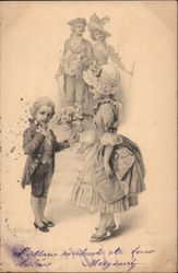 Young Boy Giving Flowers to Maid Children Postcard Postcard