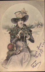 Woman and Girl with Holly Sprig Women Postcard Postcard