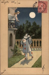 French Clown Romancing Girl in Balcony Postcard