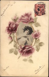 Woman framed with roses Women Postcard Postcard