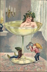 Woman In Champagne Glass With Elves Postcard Postcard