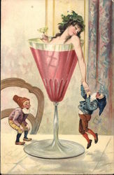 Lady in a Wine Glass with Elves Beautiful Ladies Postcard Postcard