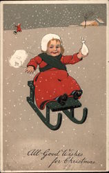 Young Girl on Toboggan Children Postcard Postcard