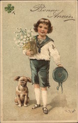 Boy in Sailor Suit with Flowers and Dog Postcard