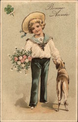 Boy in Sailor Suit with Dog and Flowers Postcard