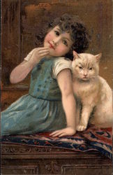 Young GIrl with White Cat Girls Postcard Postcard