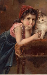 Girl with Fluffy Cat on a Chair Postcard