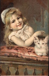 Girl petting cat Postcard