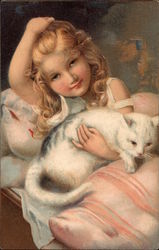 Blonde Girl in Bed with White Cat Girls Postcard Postcard