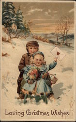 Boy and Girl on a Toboggan with a Letter Postcard