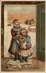 Two Girls in a Doorway with Flowers Postcard