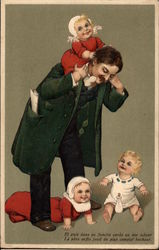 Father With Three Babies Postcard Postcard